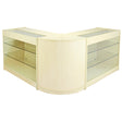 Light maple wood retail display set featuring a sleek, curved design with glass shelves and a smooth finish, ideal for showcasing products