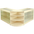 Stylish maple wood retail display set featuring glass shelves and a modern, curved design, perfect for showcasing products