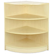Light maple wood corner shelving unit with four spacious, angled shelves, featuring a smooth finish and clean lines for modern decor