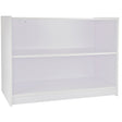 Brilliant white retail shop counter with two spacious shelves, featuring a smooth, glossy finish and sleek, modern design