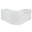 Brilliant white corner display counter with smooth surfaces, sleek design, and a glass showcase for showcasing products