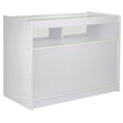 Modern retail shop counter in brilliant white, featuring a sleek design, smooth surface, and open storage compartment for organization