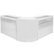 Brilliant white corner display case featuring sleek glass shelves and smooth surfaces, ideal for showcasing merchandise in retail settings
