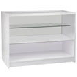 Brilliant white retail shop counter with a sleek design, featuring a glass shelf and spacious lower storage area for displays