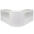 Sleek, modern white display counter with glass shelves, featuring a curved design ideal for showcasing products in retail spaces