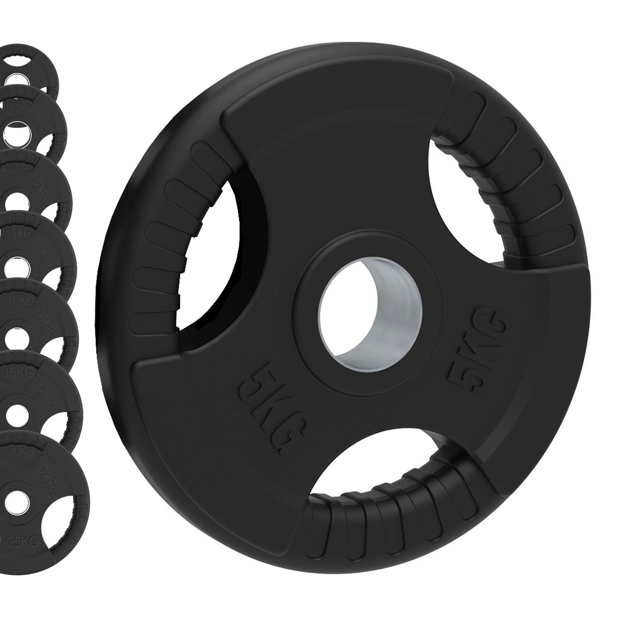Black Olympic tri-grip rubber weight plates in various sizes, featuring textured grips and clear weight markings for easy identification
