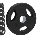Black Olympic tri-grip rubber weight plates in various sizes, featuring textured grips and clear weight markings for easy identification
