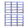 Heavy-duty blue shelving units, 75cm wide and 30cm deep, featuring six sturdy shelves ideal for storage and organization