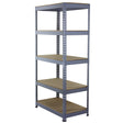 Grey Q-Rax shelving unit with five sturdy, adjustable shelves, featuring a sleek metal frame and smooth wooden surfaces, ideal for storage
