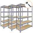 Three grey metal racking units with multiple shelves, featuring a sturdy design and a smooth wood-like surface for storage solutions