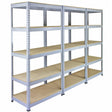 Grey metal racking units featuring three sections, each with multiple sturdy shelves, ideal for storage and organization