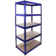 Sturdy blue Q-Rax shelving unit with five wooden shelves, measuring 90cm x 180cm x 50cm, ideal for storage and organization