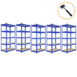 Blue metal racking units featuring five shelves, sturdy design, and a smooth wood finish, ideal for storage and organization