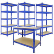 Three blue metal racking units with multiple shelves and a matching workbench featuring a sturdy wooden top and metal frame