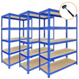 Three blue metal racking units with five sturdy shelves each, featuring a sleek finish and durable design, ideal for storage solutions
