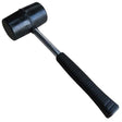 Black rubber mallet with a textured grip handle, designed for striking without damaging surfaces, ideal for assembly tasks
