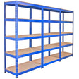 Sturdy blue metal racking units with six shelves, measuring 90 x 50 x 180cm, ideal for organizing storage spaces efficiently