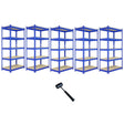 Five blue metal racking units with wooden shelves, each measuring 90 x 50 x 180cm, arranged in a row with a rubber mallet nearby