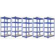 Five blue metal shelving units, each 90 x 50 x 180cm, featuring multiple wooden shelves for storage and organization