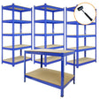 Blue metal racking units with multiple shelves, featuring a sturdy design and smooth wooden surfaces for storage and organization