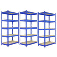 Three blue metal racking units with five sturdy shelves each, measuring 120 x 50 x 180cm, ideal for storage and organization