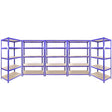 Blue metal shelving unit featuring three tall Q-Rax shelves and two shorter racking shelves, showcasing multiple storage levels and a sturdy design