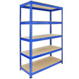 Sturdy blue metal racking unit with five wooden shelves, measuring 120 x 50 x 180cm, ideal for storage and organization
