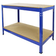 Sturdy blue workbench with a smooth wooden top and a lower shelf, featuring a durable metal frame and adjustable feet for stability