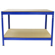 Sturdy blue metal workbench with a smooth wooden top and lower shelf, ideal for storage and workspace organization in garages or workshops