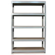 Grey metal shelving unit with four sturdy shelves, featuring a sleek design and durable construction, ideal for storage and organization
