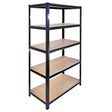 Sturdy black metal storage shelves with five wooden shelves, measuring 90cm wide and 45cm deep, ideal for organizing items