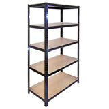 Sturdy black metal storage shelves with five wooden shelves, measuring 90cm wide and 45cm deep, ideal for organizing items