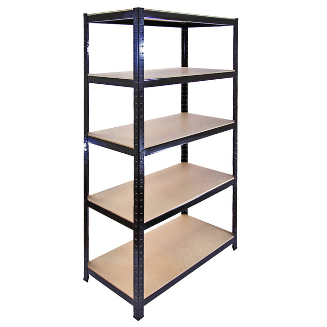 Sturdy black metal storage shelves with five wooden shelves, measuring 90cm wide and 45cm deep, ideal for organizing items