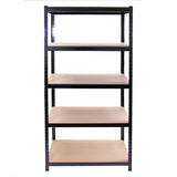 Black metal storage shelves with five sturdy, light-colored wooden shelves, ideal for organizing tools and supplies in any space