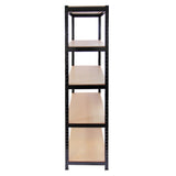 Black metal storage shelves with five sturdy wooden shelves, measuring 90cm wide and 45cm deep, ideal for organizing items