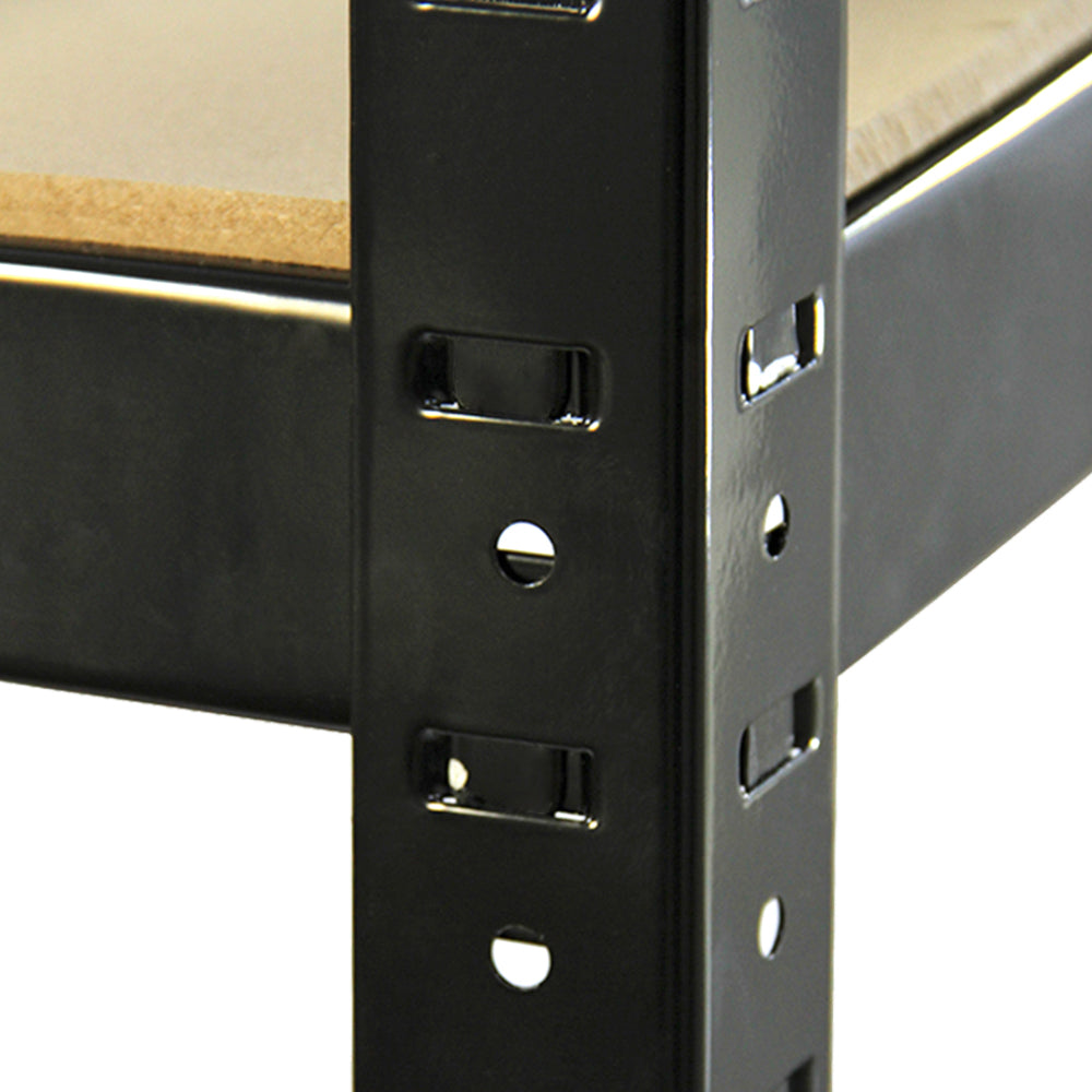 Close-up of black metal shelf support with smooth finish and drilled holes, showcasing sturdy construction for storage solutions