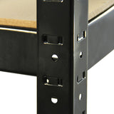 Close-up of black metal shelf support with smooth finish and drilled holes, showcasing sturdy construction for storage solutions