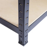 Black metal storage shelf with a sturdy frame, featuring a smooth, light-colored wooden surface and adjustable height slots