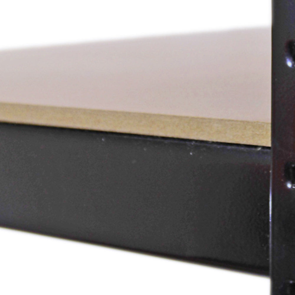 Black metal storage shelf with a smooth wooden top, featuring sturdy construction and a sleek design, ideal for organizing items