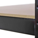 Black metal storage shelf with a smooth wooden top, featuring sturdy construction and a sleek design, ideal for organizing items