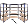 Black metal storage shelves with five sturdy wooden shelves, showcasing a versatile set of three units for organizing spaces