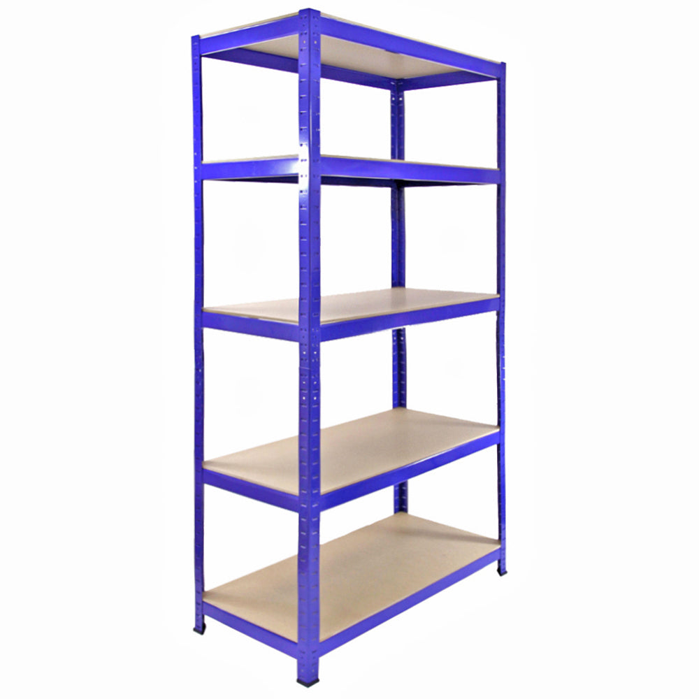 Blue metal storage shelves with five sturdy, light-colored shelves, designed for efficient organization and heavy-duty use