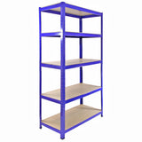 Blue metal storage shelves with five sturdy, light-colored shelves, designed for efficient organization and heavy-duty use
