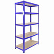 Blue metal storage rack with five shelves, sturdy design, 4200kg capacity, featuring free bay connectors and a mallet for assembly