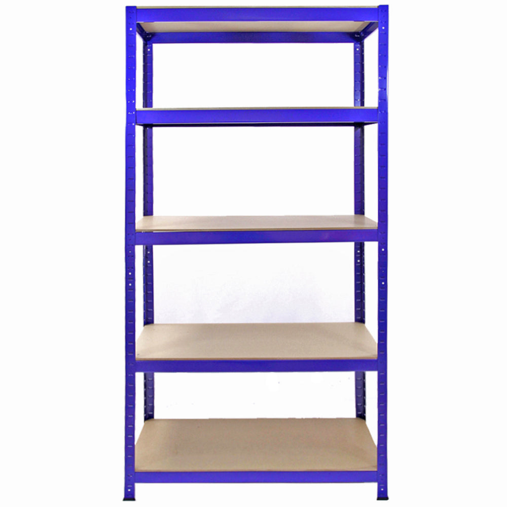 Blue metal storage shelves with five sturdy, beige wooden shelves, measuring 90cm wide and 45cm deep, ideal for organization