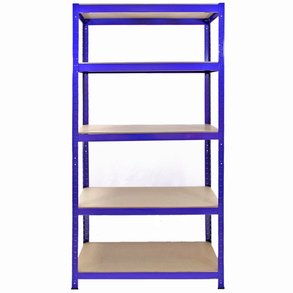 Blue metal corner shelving unit with four sturdy beige shelves, ideal for garage storage and organization, featuring a robust design