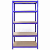 Blue metal corner shelving unit with four sturdy beige shelves, ideal for garage storage and organization, featuring a robust design