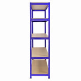 Blue Monster Racking T-Rax corner shelving unit with four sturdy beige shelves, ideal for garage storage and organization