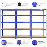 Blue metal storage shelves with adjustable MDF shelves, featuring a sturdy design and rubber feet for stability, ideal for organizing items