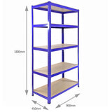 Blue metal corner shelving unit with four sturdy shelves, measuring 1800mm high, 900mm wide, and 450mm deep, ideal for garage storage